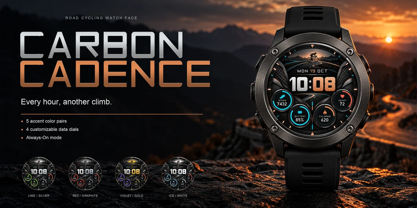 Carbon Cadence sur une montre, route de montagne au coucher du soleil