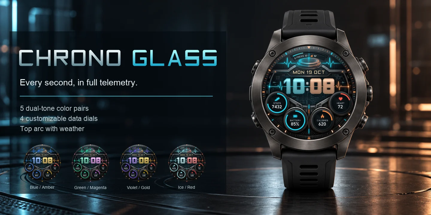 Chrono Glass an der Uhr, gläsernes HUD in cyan und kupfernem Licht