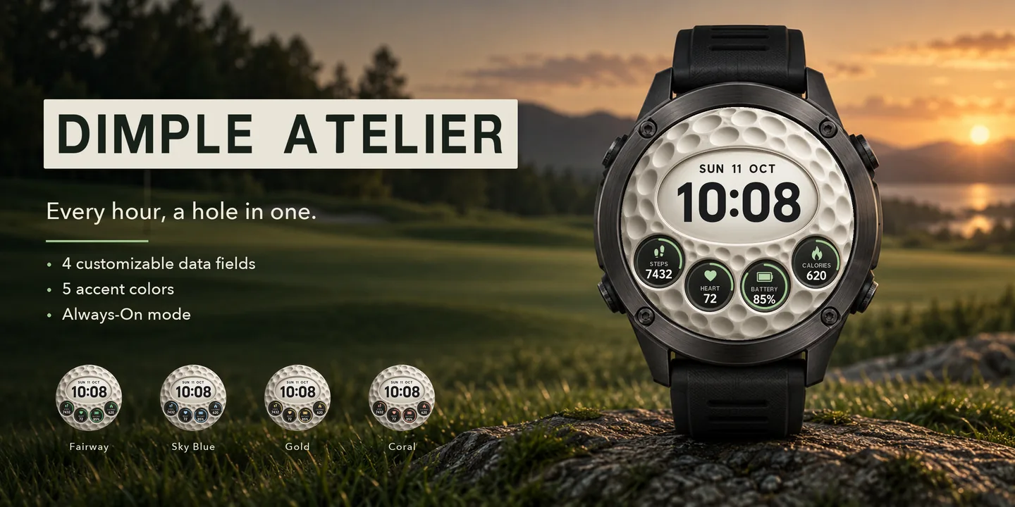 Dimple Atelier en un reloj, campo de golf al atardecer