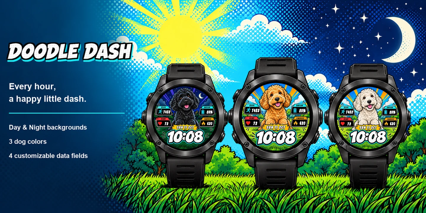 Doodle Dash on three watches: Black Night, Golden Day and White Day