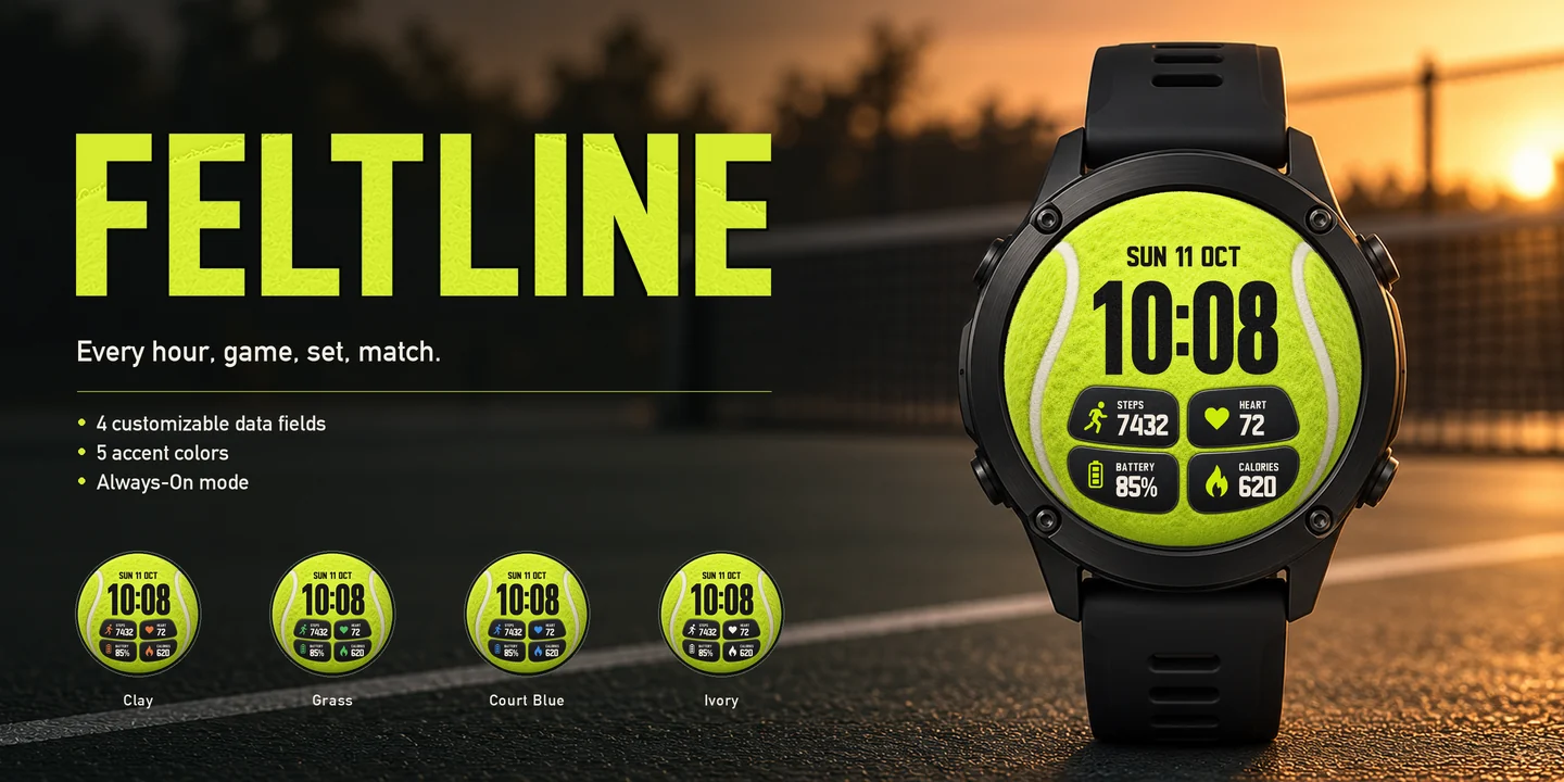 Feltline sur une montre, court de tennis au crépuscule