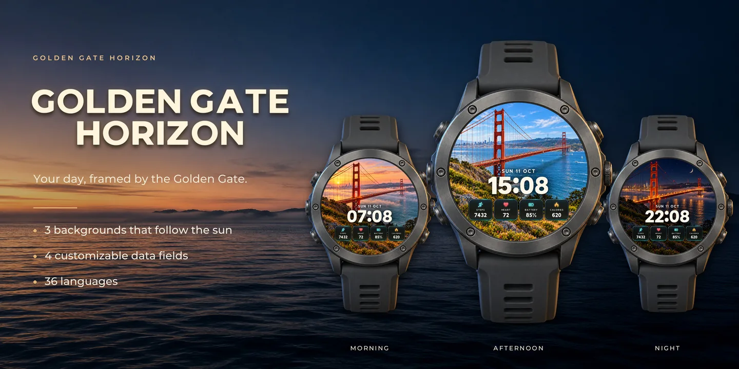 Golden Gate Horizon en tres relojes: Mañana, Tarde y Noche