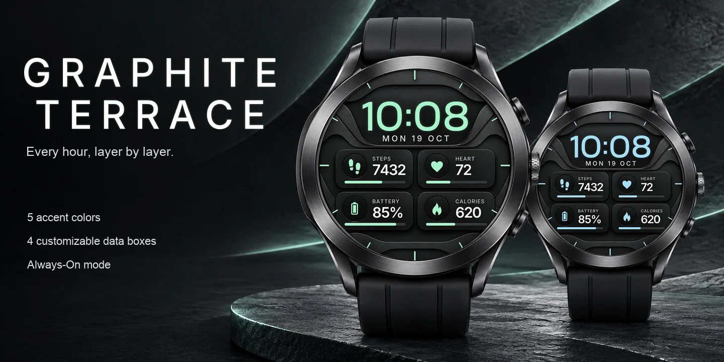 Graphite Terrace sur deux montres, graphite en couches avec l'heure en menthe et en bleu glacier et quatre cases de données