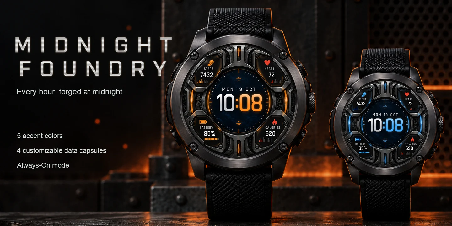 Midnight Foundry on two watches, brushed steel with glowing amber and blue light slits and four data capsules
