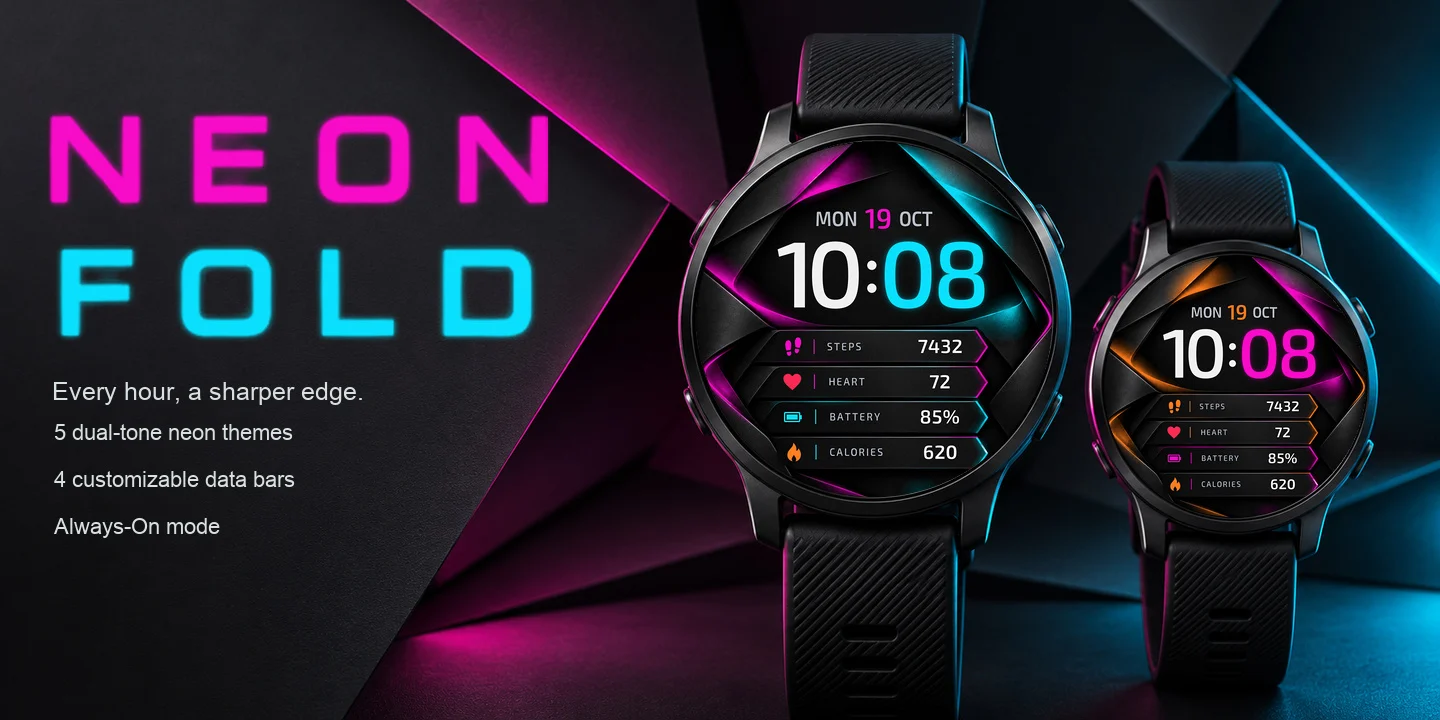 Neon Fold auf zwei Uhren, gefaltete Graphitschichten mit Neonkanten in Magenta und Cyan und vier Datenbalken