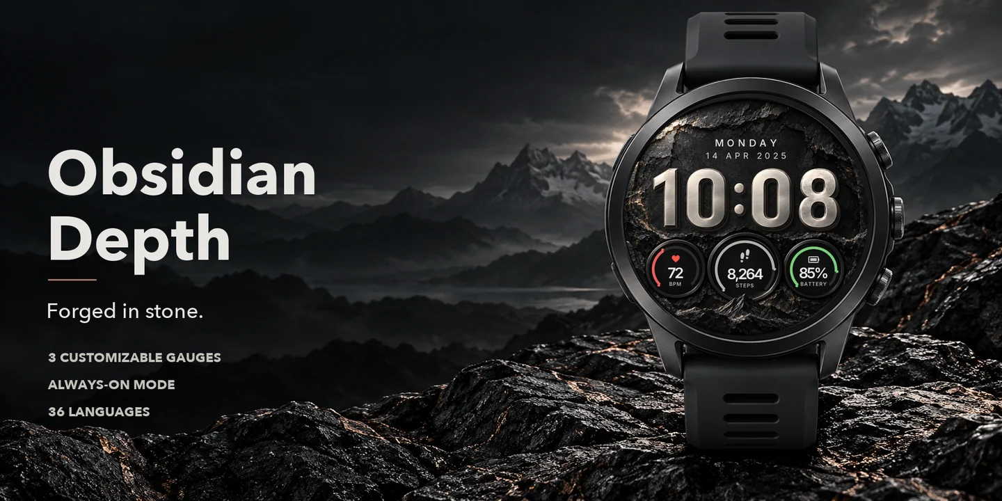 Obsidian Depth on a watch, dark mountain rocks