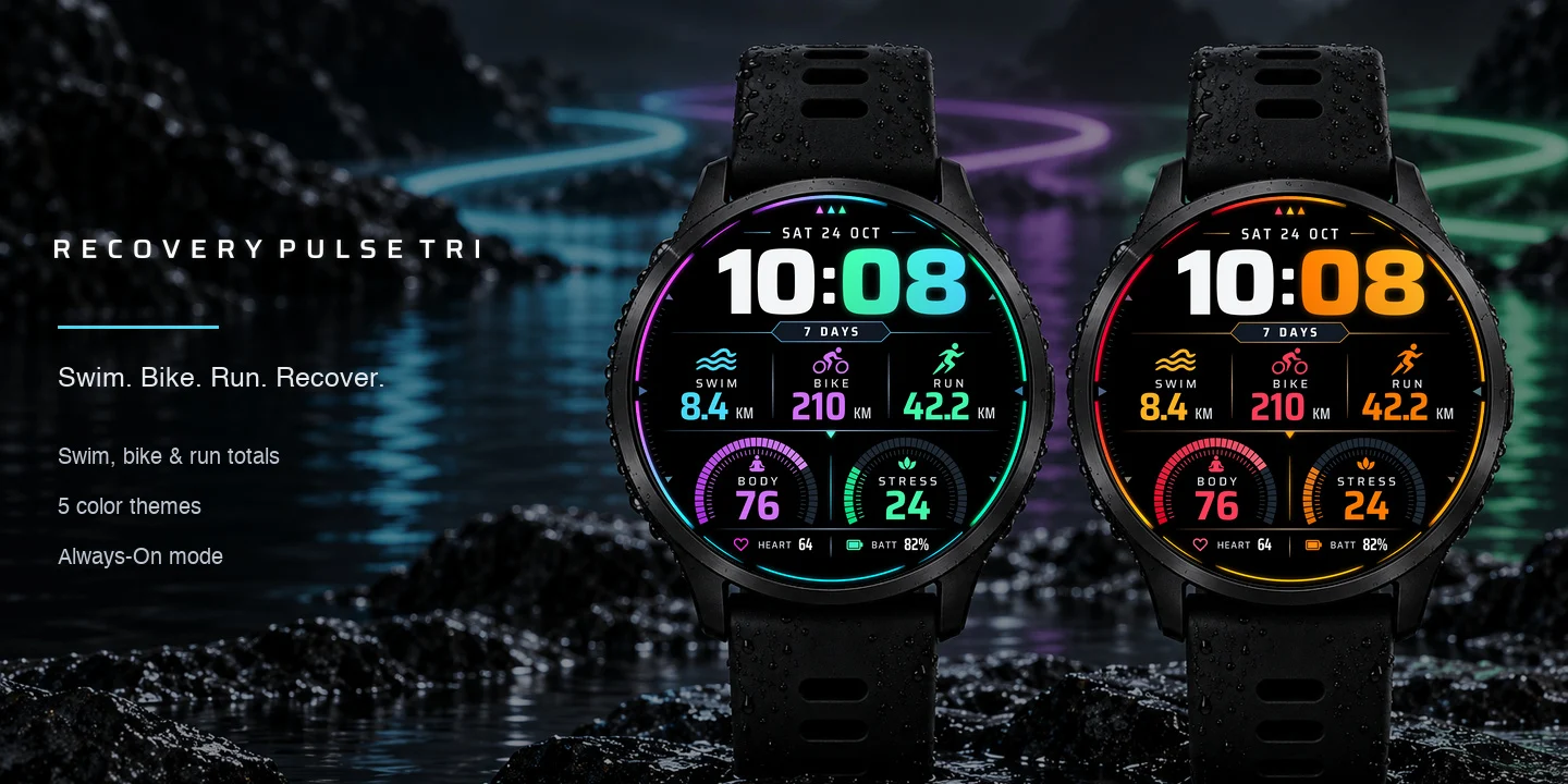 Recovery Pulse Tri en relojes con varios temas de color, totales de natación, bici y carrera y dos arcos
