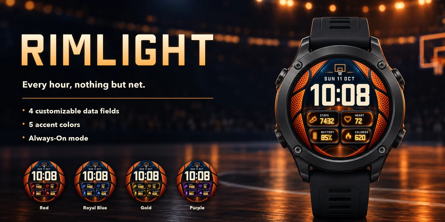 Rimlight sur une montre, salle de basket la nuit