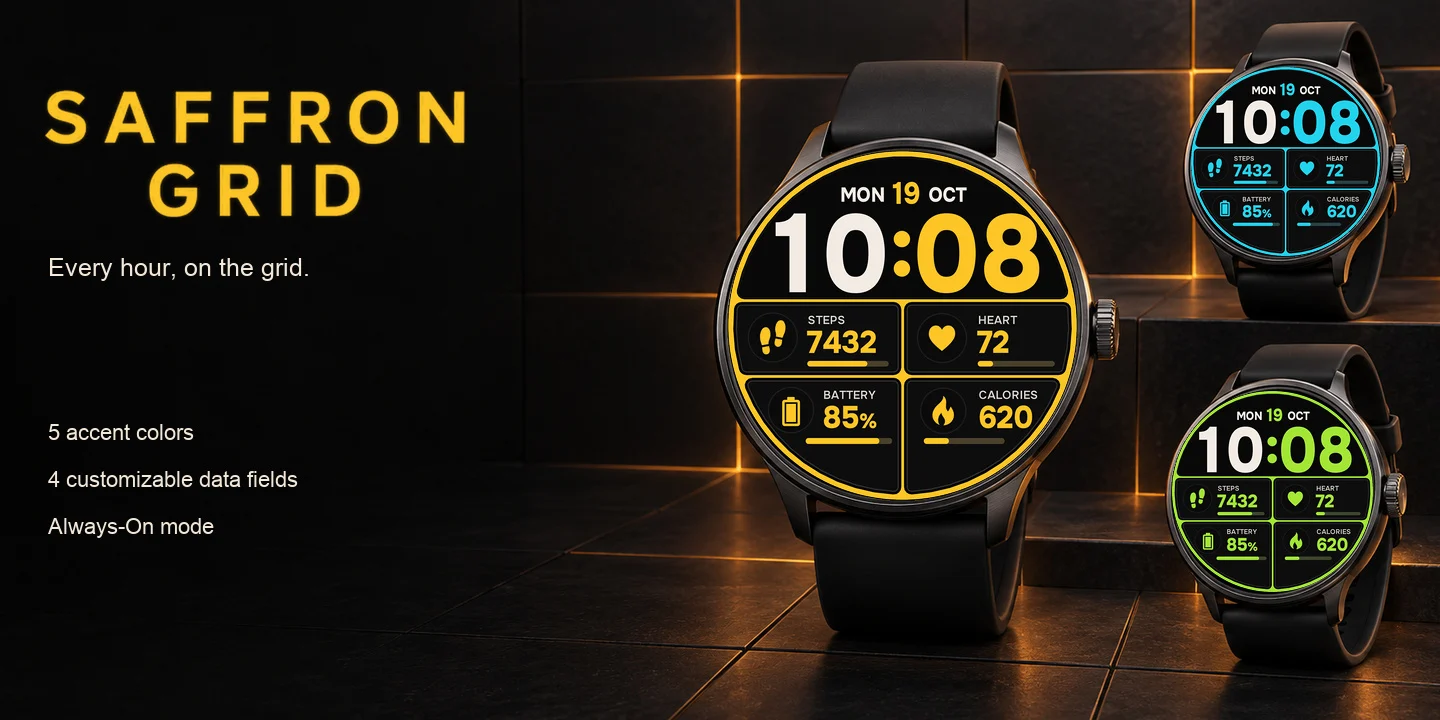 Saffron Grid en relojes de varios colores de acento, anillo y cuadrícula azafrán con una hora grande y cuatro bloques de datos