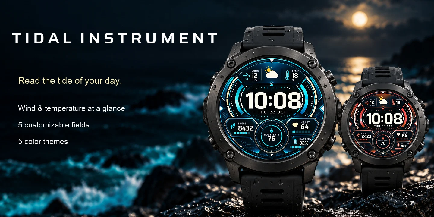 Tidal Instrument en relojes con varios temas de color, con viento, temperatura, pasos, frecuencia cardíaca y Body Battery